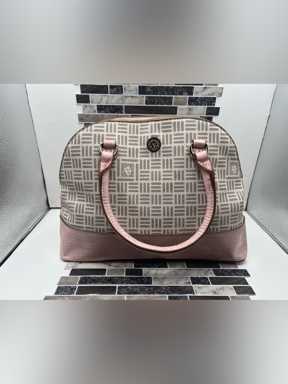 Anne Klein Pink Patterned Dome Satchel with Croc Trim - Picture 3 of 9